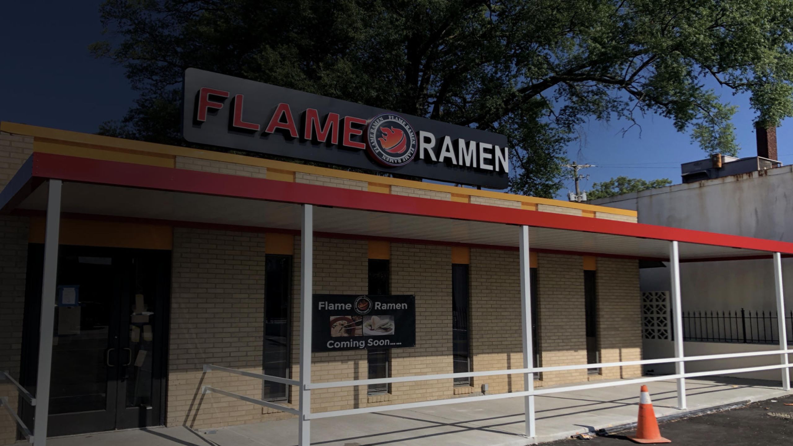 Parasol Awnings designed a Commercial Metal with Posts Patio Canopy project for Flame Ramen restaurant in Memphis, TN.