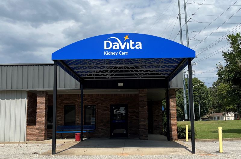 Fabric awning over entry walkway